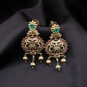 gold finish flower design hanging earrings with varika balls