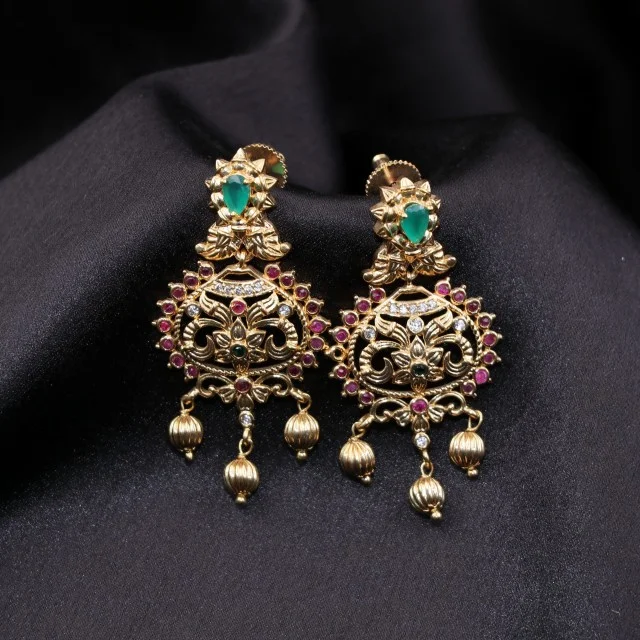 gold finish flower design hanging earrings with varika balls gold finish flower design hanging earrings with varika balls