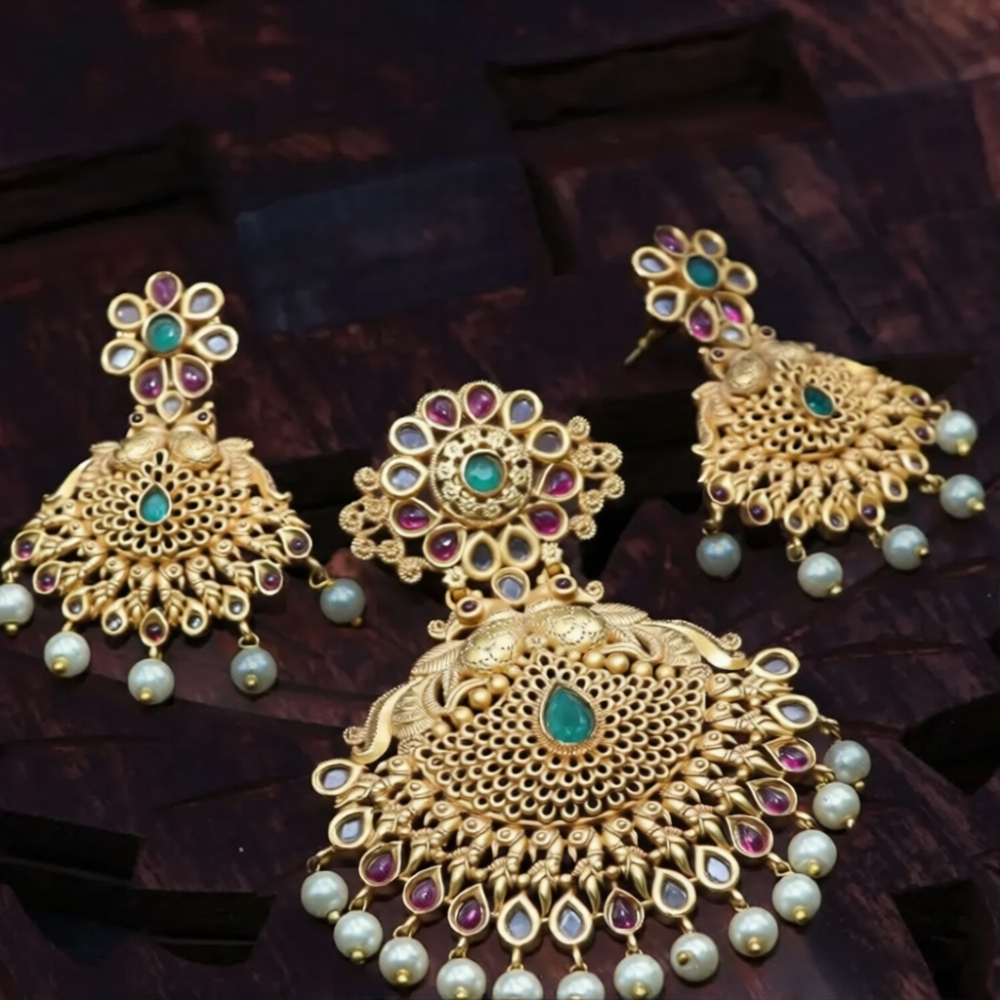 mat finish multi color flower with double peacock design pendant set mat finish multi color flower with double peacock design pendant set