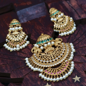 mat finish lakshmi with elephant and chandbali design pendant set