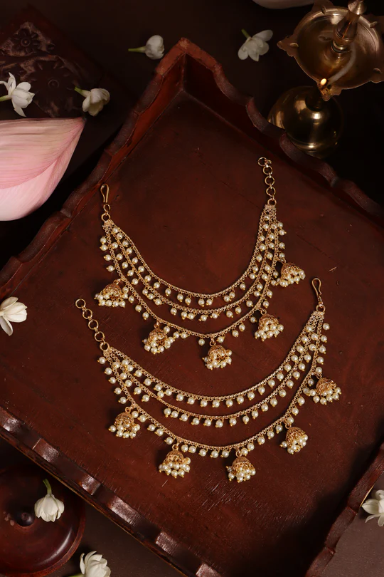 triple line pearl jhumka earchain triple line pearl jhumka earchain