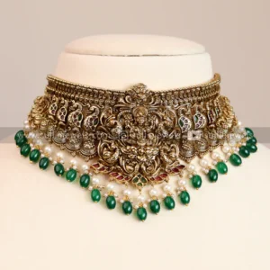 antique premium nagas bridal choker with earring (green beads)