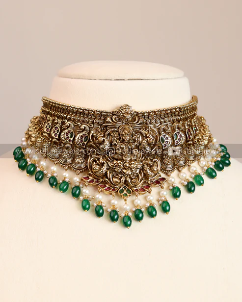 antique premium nagas bridal choker with earring (green beads) antique premium nagas bridal choker with earring (green beads)