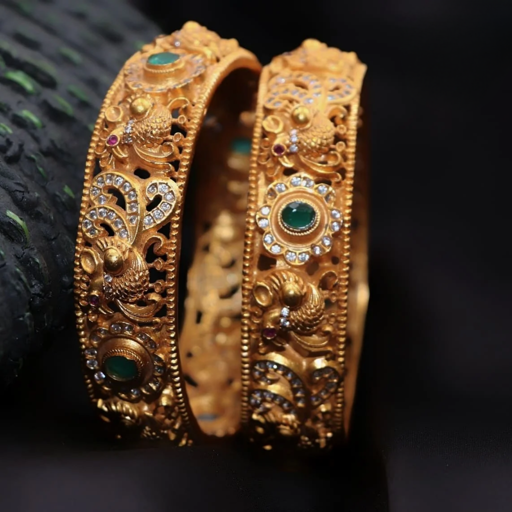 classic peacock design with green ruby flower bangle classic peacock design with green ruby flower bangle