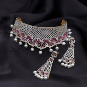 rhodium polish zircon & ruby stone net pattern choker necklace for women