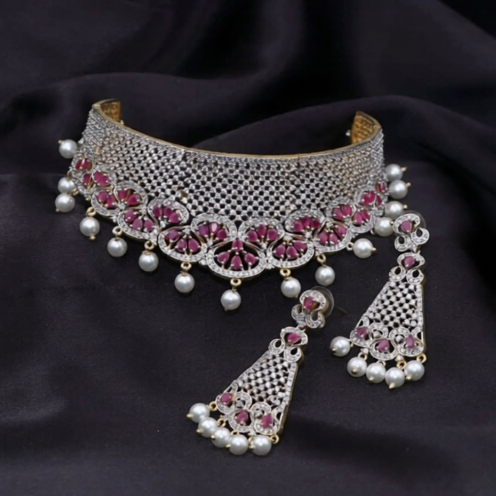 rhodium polish zircon & ruby stone net pattern choker necklace for women rhodium polish zircon & ruby stone net pattern choker necklace for women