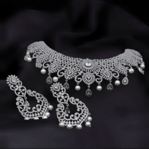 zircon stone drop design rodium finish choker necklace for women