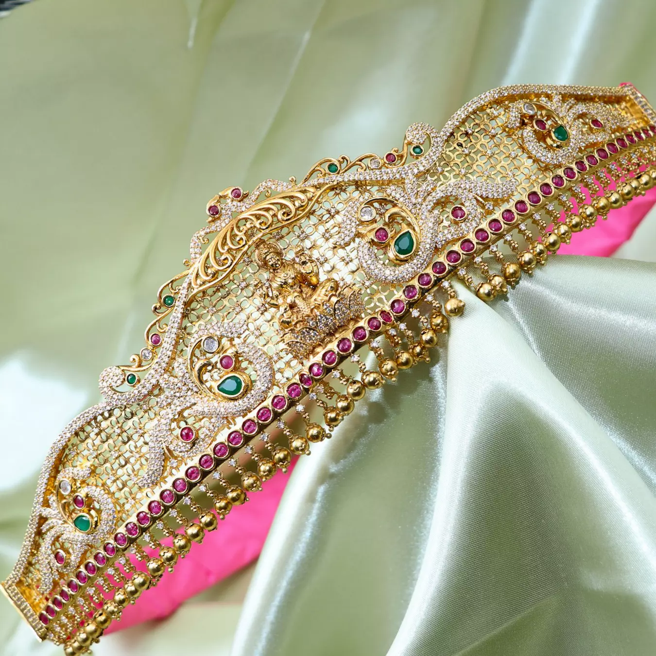 mat finish cz stone lakshmi and peacock design hip belt mat finish cz stone lakshmi and peacock design hip belt