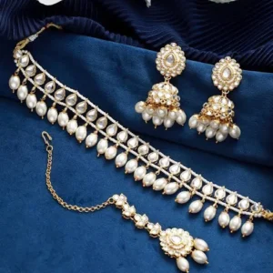 gold plated kundan stone studded & pearl beaded choker necklace set