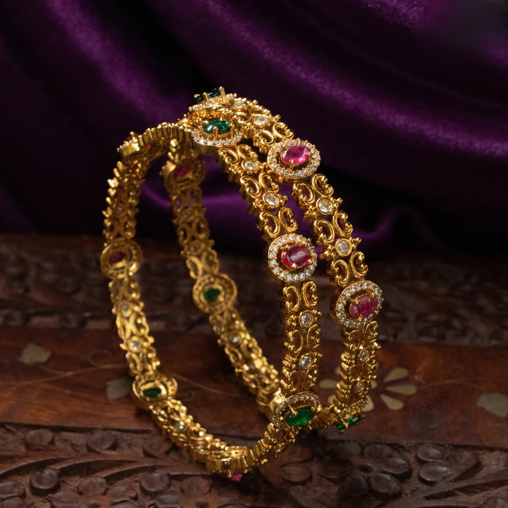 antique finish floral pattern with kemp stone bangles antique finish floral pattern with kemp stone bangles