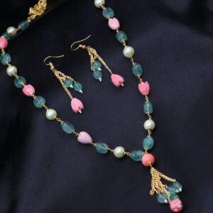 onyx beads with coral floral buds design mala with earrings